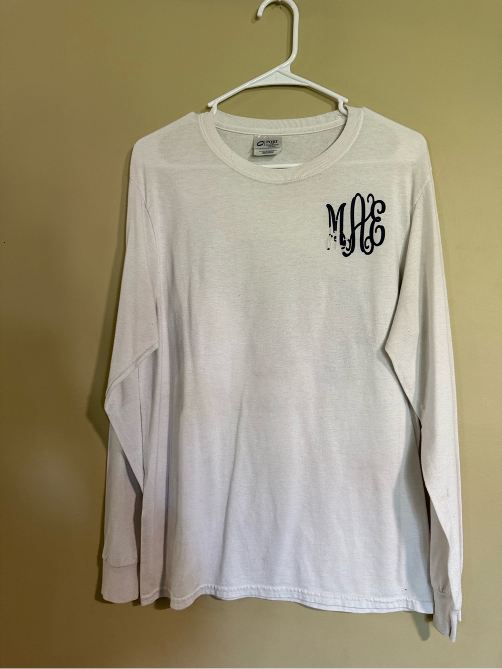 Classic White Long-Sleeve Crewneck Tee with Navy Monogram